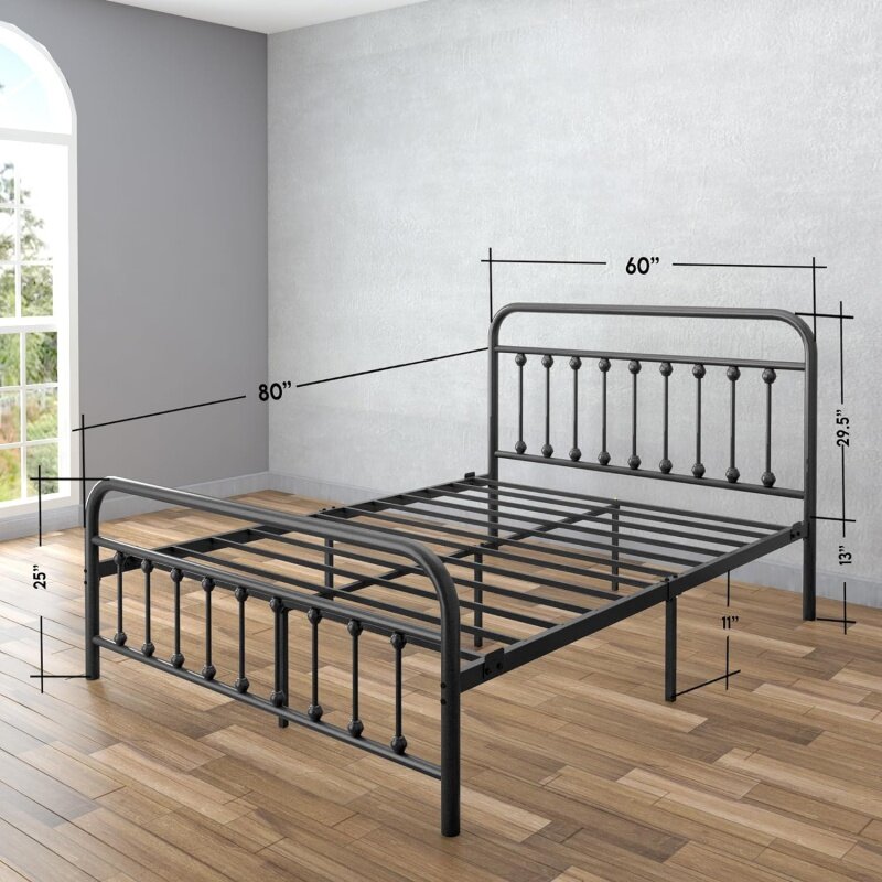 CastleBeds-Marco de cama de Metal Vintage Queen con cabecero y plataforma de reposapiés, hierro forjado, servicio pesado, listón de Metal sólido, texturizado