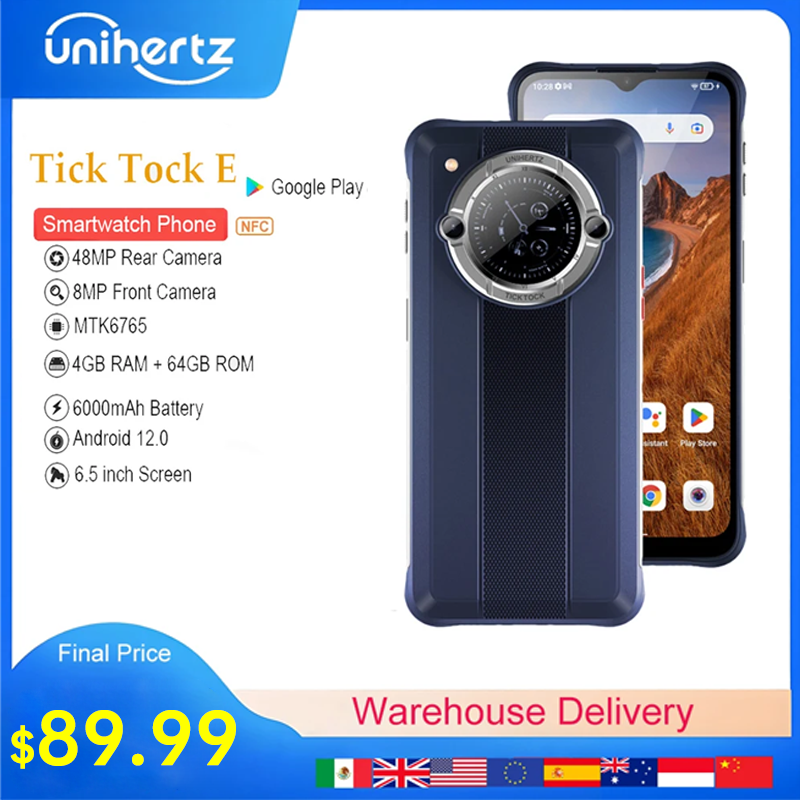 Unihertz Tick Tock E Octa Core smartfon z androidem 6000mAh 6.5 "ekran 4GB 64GB telefon komórkowy 48MP odblokuj szybkie ładowanie telefonu
