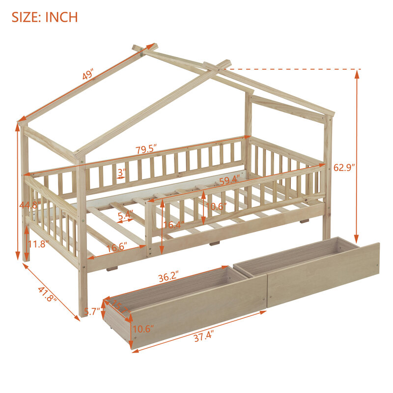 Tempat tidur rumah kayu ukuran kembar dengan dua laci