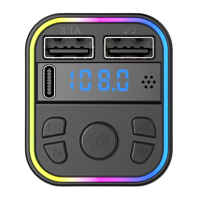 Pengisi daya mobil USB tipe-c ganda, pemancar FM Bluetooth 5.0, pemutar MP3, RGB, lampu suasana, bebas genggam, pengisi daya kartu TF FM