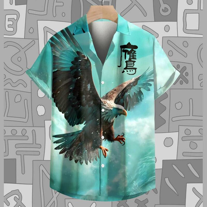 Camisa con estampado de águila para hombre, camisa informal de manga corta con cuello de solapa, Tops originales, blusa con botones de gran tamaño
