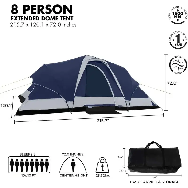 8 Person Dome Tent W/ Removable Rain Fly and Room Dividers Camping Tent Travel Water Resistant - Navy/Gray Freight Free Tents