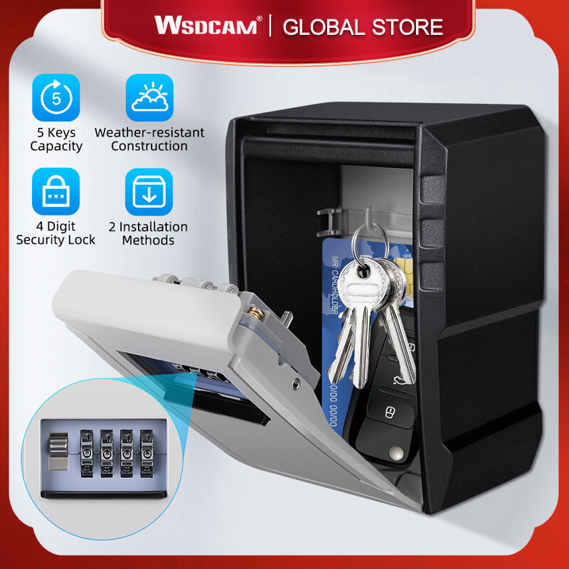 Wsdcam-Wall Mount cofre, 4 dígitos senha de bloqueio, Metal Key Box, impermeável, Anti Theft Cofre, Caixa de depósito, Segurança-Proteção