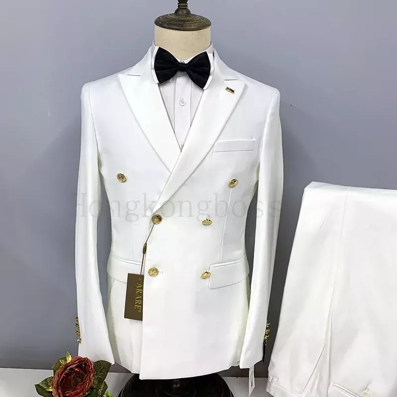 Setelan pakaian butik bisnis pria, jaket blazer celana panjang kancing dua baris, Formal ramping warna polos dengan Set 2 potong 2023
