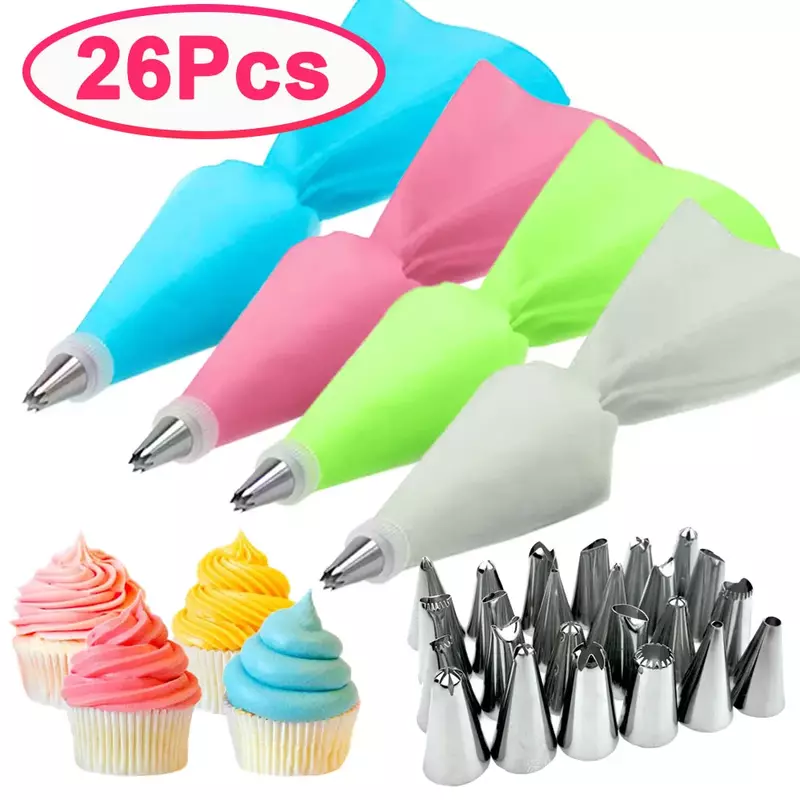 Reusable Silicone Pastry Bag Tips Kitchen Cake Icing Piping Cream Cake Decorating Tools 24 Nozzle Set 8 Pcs 26Pcs Set
