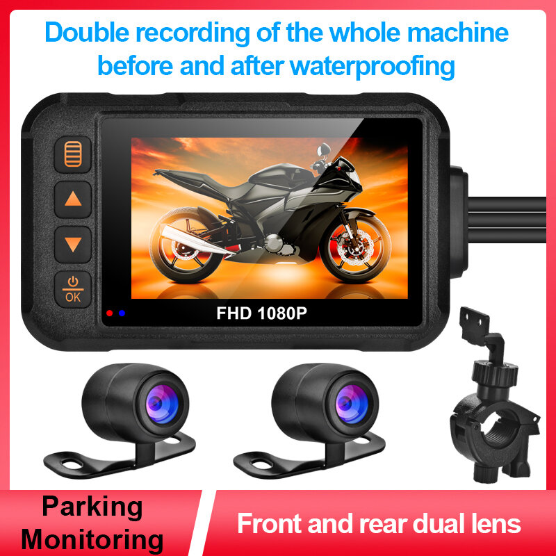 Impermeável motocicleta Dashcam, câmera frontal e traseira, gravador de vídeo, caixa preta, visão noturna, 3"