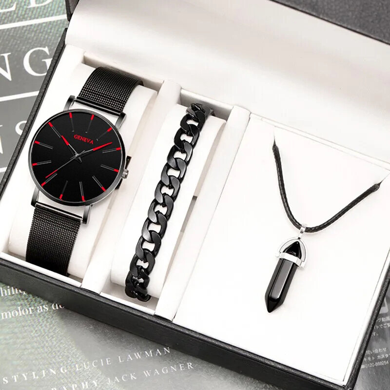 Ensemble de montres d'affaires en acier inoxydable ultra fin pour hommes, bracelet noir, collier de luxe, ceinture en maille, montre à quartz, mode, 3 pièces