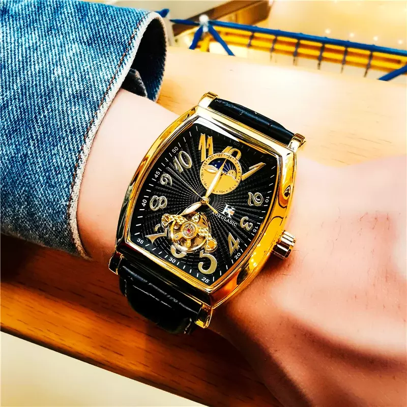 AOKULASIC Automatic Watches Male Top Brand Hollow Carved Tourbillon Mechanical Watch Men Waterproof Luxury Moon Phase Oval Hours