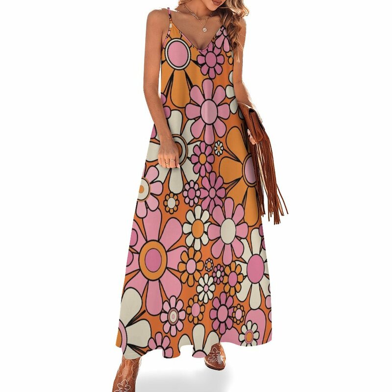 Платье без рукавов в ретро-стиле с цветочным принтом, розовое, оранжевое, кремово-бежевое и черное
