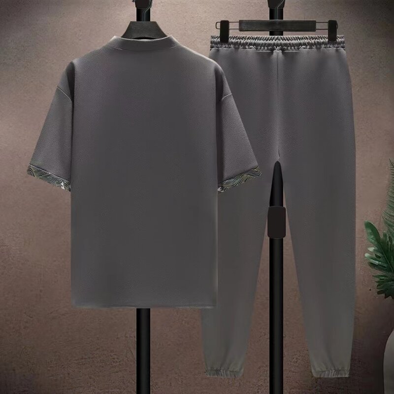 Conjunto de duas peças de seda gelo estilo retrô chinês masculino, conjunto solto, calça comprida de manga curta, moda esportiva casual, verão, novidade, 2022