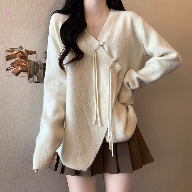 Vintage V-Neck Cashmere Coat Women Spring New Long Sleeve Loose Sweater Top Lady Slim Y2K Chinese Style Knitt Cardigan Clothing