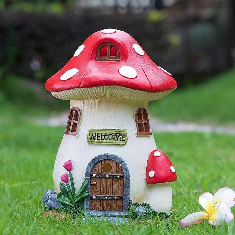 Ornamen miniatur taman, dekorasi rumah lanskap peri kerajinan Resin lampu jamur rumah