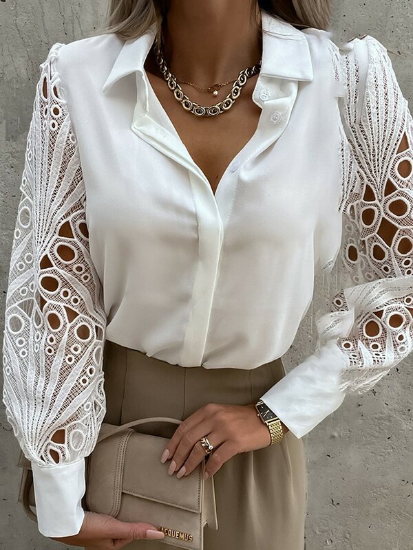 Koszule damskie z elegancka, długa rękawem modna, z klapami przycisk Office Lady Top białe damskie Sexy haft bluzka z wycięciami Streetwear