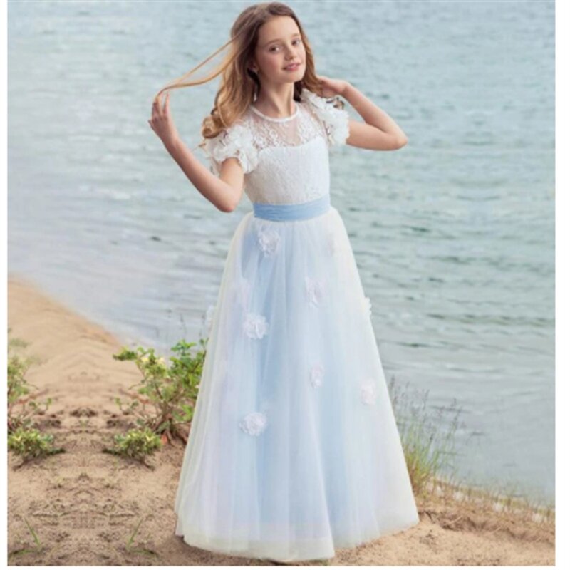 Elegant Flower Girl Dress For Wedding Tulle Puffy Applique Short Sleeve With Belt Child First Eucharistic Birthday Party Dresse