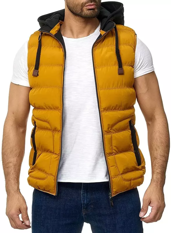 Men's Outdoor Vest Slim Fit Detachable Hood And Stand Up Collar Modern Quilted Vest