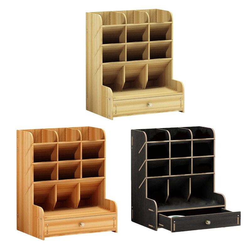Organizador de escritorio de madera, portalápices, caja de almacenamiento con cajón, Bloc de notas para oficina, escuela, suministros para el hogar