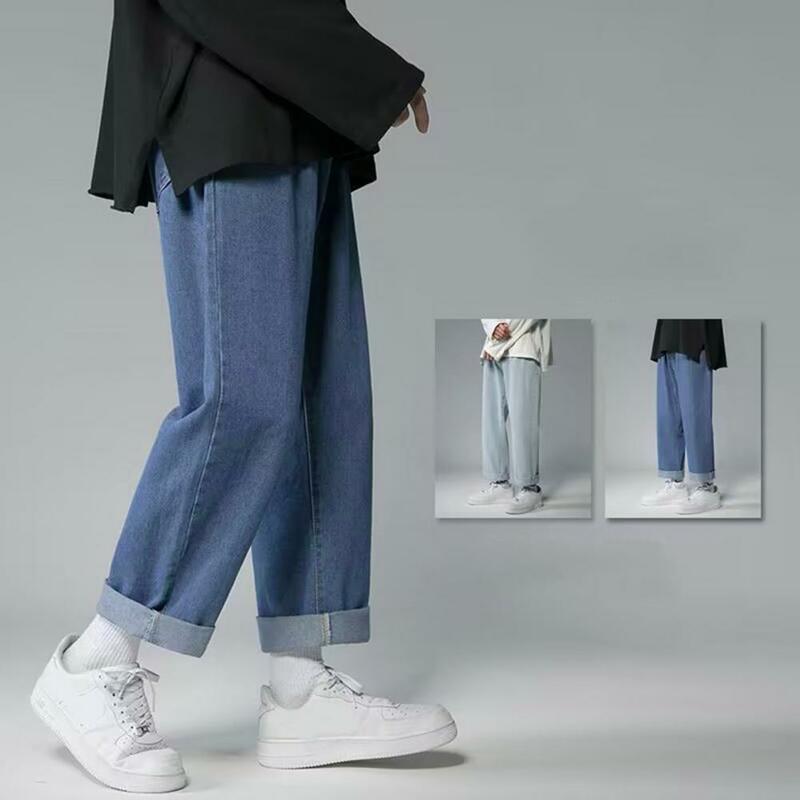 Calças jeans de perna larga vintage masculino, bordado estrela, fechamento de botão zíper, tecido respirável, quadril, jeans confortáveis, A