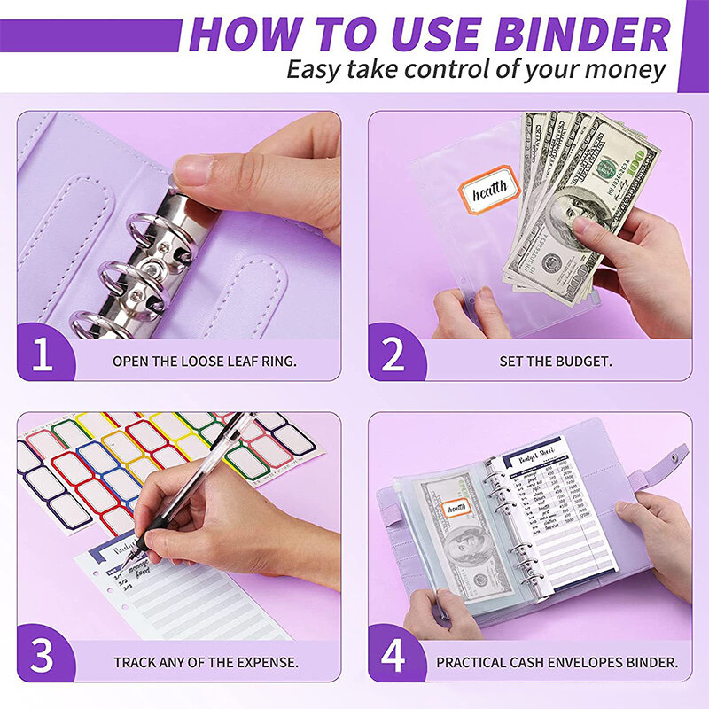 Orçamento Binder com bolsos com zíper, organizador de envelopes de dinheiro, folhas para economizar dinheiro, etiquetas auto-adesivas, A6