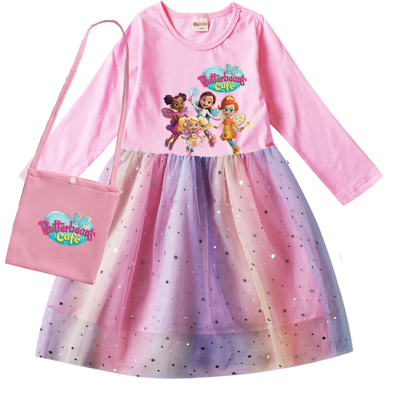 Vestido de lantejoulas de manga comprida infantil com bolsa pequena, Vestido feminino Butterfly Cafe, Festa de casamento, Presentes de aniversário