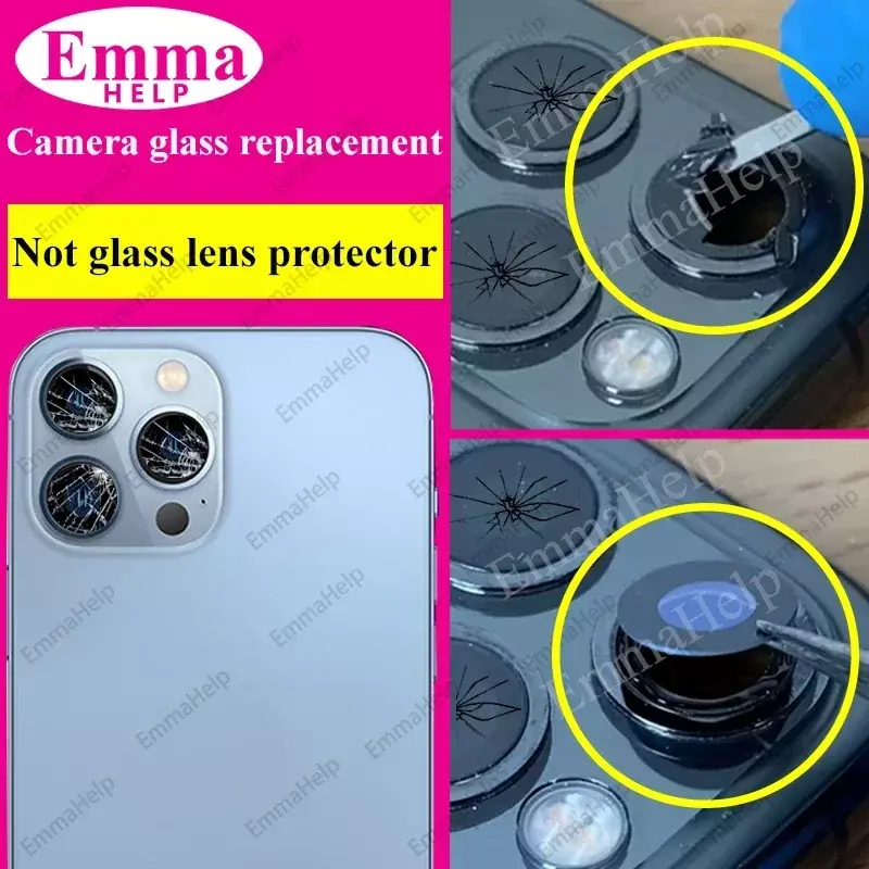 EmmaHelp-Lentille de caméra arrière pour iPhone, 10 ensembles, 11, 12, 13, 14, 15, Pro Max, 13Mini, couvercle en verre avec autocollant 3M, pièces de réparation adhésives