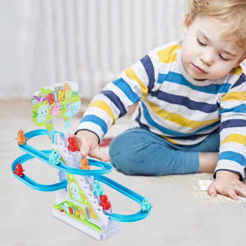 Mainan geser dengan musik, mainan elektrik bebek memanjat tangga, jalur dinosaurus interaktif, mainan belajar untuk hadiah anak-anak