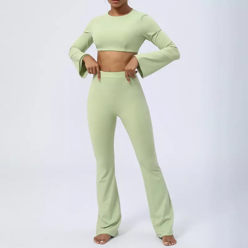 Женский облегающий костюм для йоги на осень и зиму, телесный Быстросохнущий костюм для фитнеса с открытой спиной для тренировок, штаны с колокольчиками из двух частей.