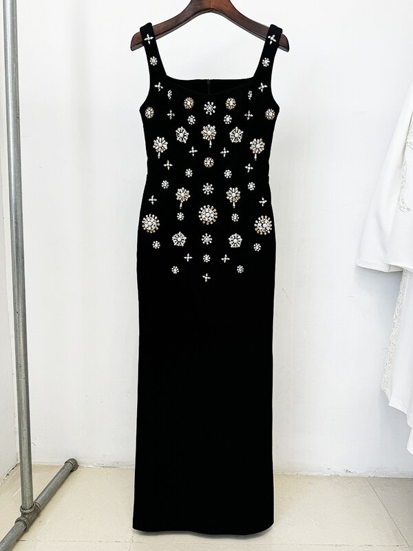 Gaun Prom wanita hitam 1 buah gaun pesta malam pakaian kerja kantor Formal hitam tanpa lengan tali manik-manik kristal silang