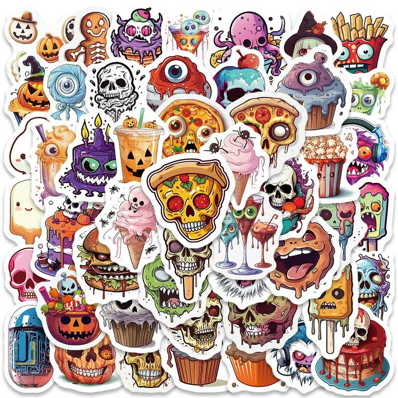 Halloween cartoon stickers, horror, comida, laptop, telefone, bagagem, guitarra, bicicleta, carro, decalques de vinil, impermeável, 50pcs