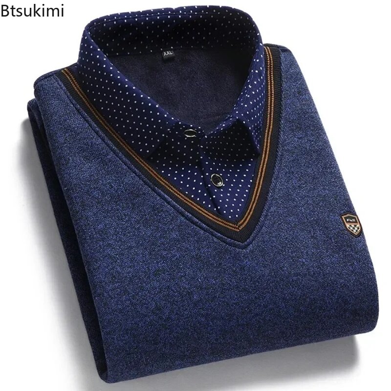 2024 New Fashion Plus Velvet Shirt Collar Sweater Autumn Winter Men's Casual Business Thickened Warm High-Quality Pullovers Tops