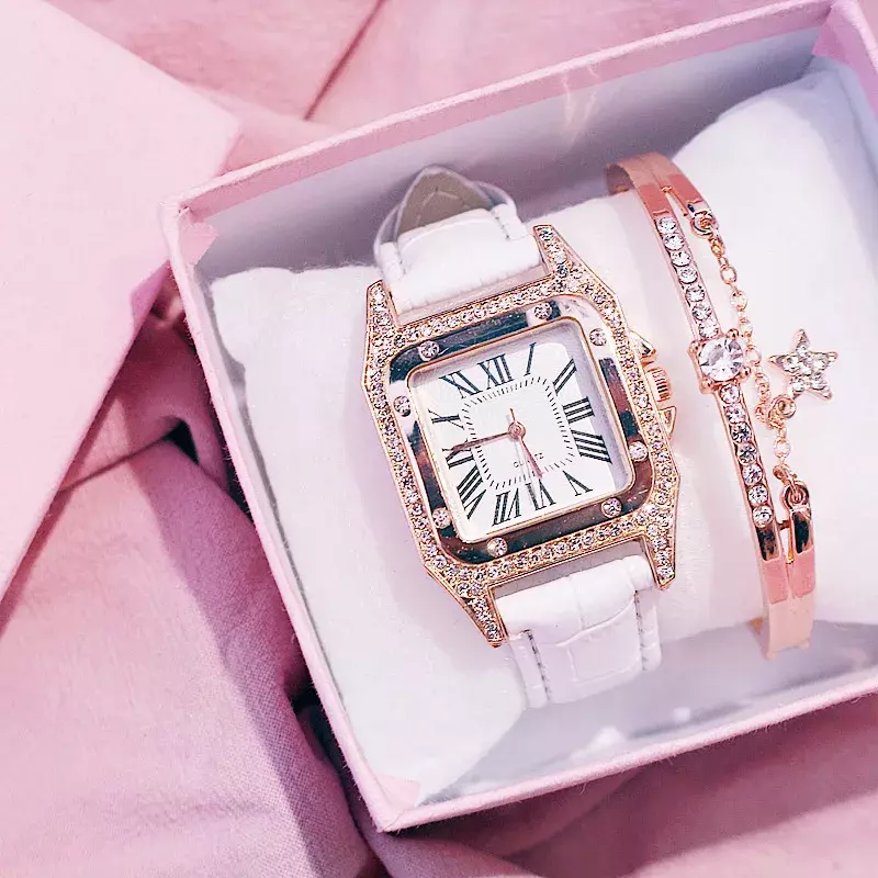 Conjunto de relojes cuadrados de lujo con diamantes para Mujer, Reloj de pulsera De cuero resistente al agua, de cuarzo, femenino
