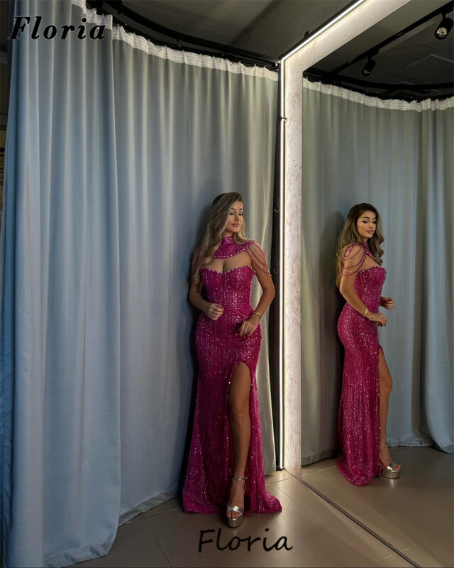 Fuchsia Zeemeermin Avondjurken Luxe 2024 Parels Pailletten Trouwjurk Vestidos De Fiesta Arabic Split Side Prom Dress