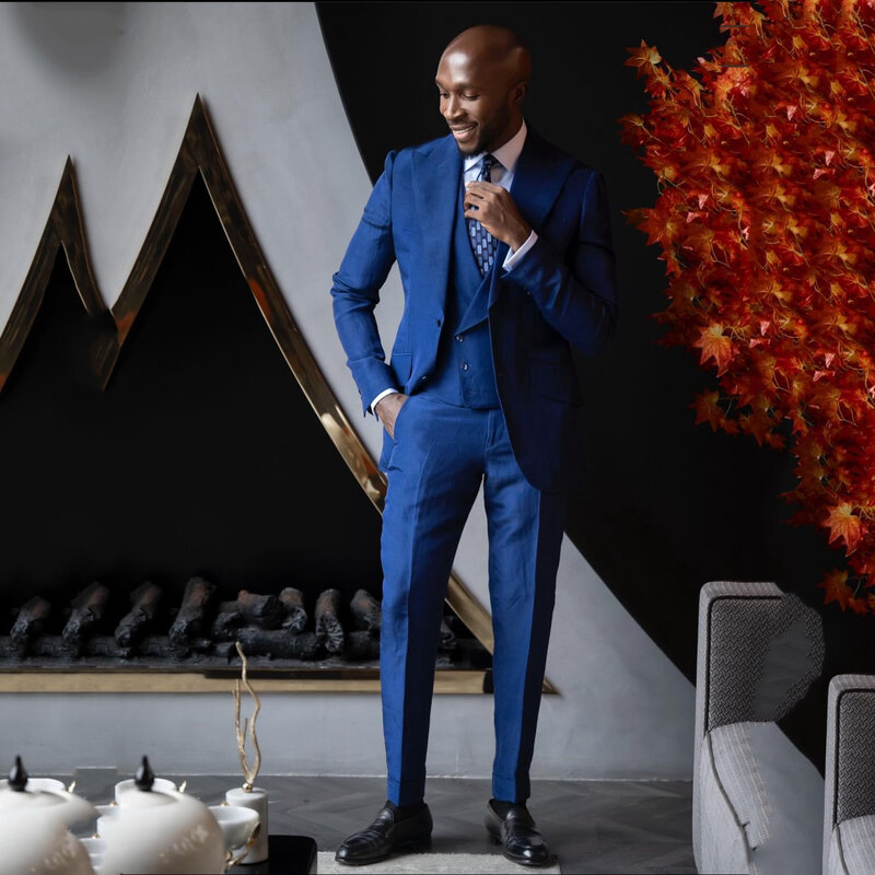 Fashion Royal Blue Suits For Mens Formal Business Blazer Wedding Groom Tuxedo Daily Suit 3 Piece Jacket Vest Pants Costume Homme
