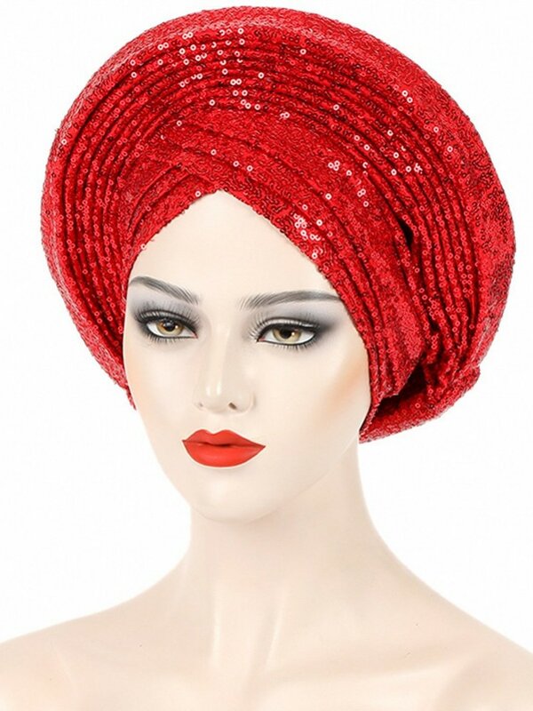 Ready African Auto Gele Headtie Sequin Women's Turban Cap Nigeria Wedding Geles Muslim Head Wraps Bonnet Turbante Mujer 2024