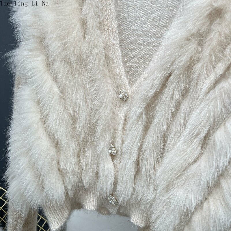 2023 Spring New Fox Fur Sweater Women Short Cardigan Coat H1