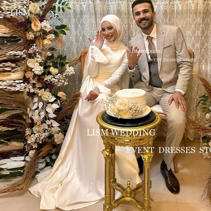LISM Elegant Hijab Muslim Wedding Dresses Silk Soft Satin for Bride Long Sleeves Bridal Gowns Saudi Arabic Formal Engagement