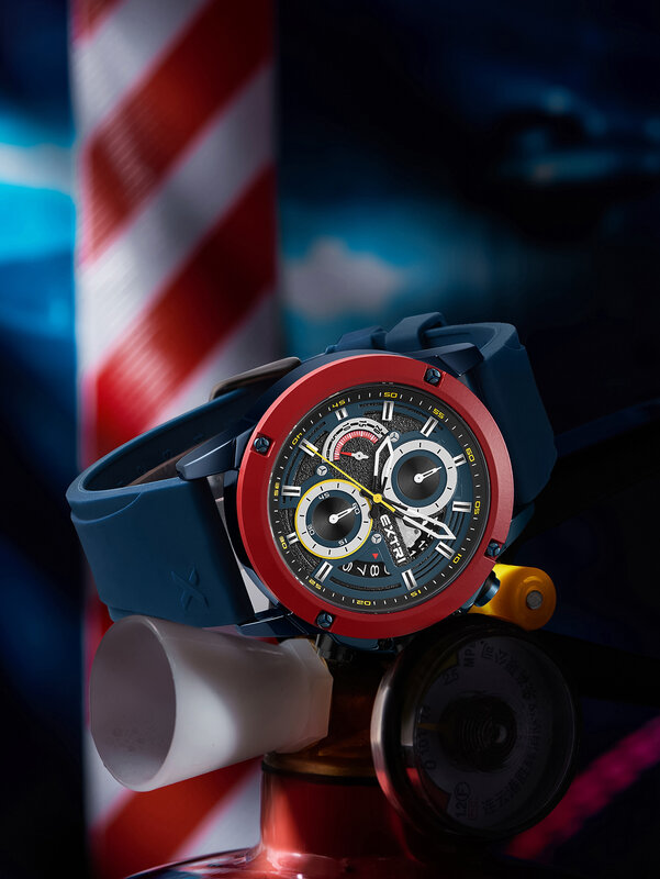 EXTRI jam tangan untuk pria, casing Biru Mode karet multifungsi enam Pointer kuarsa Relojes desain baru dengan kotak