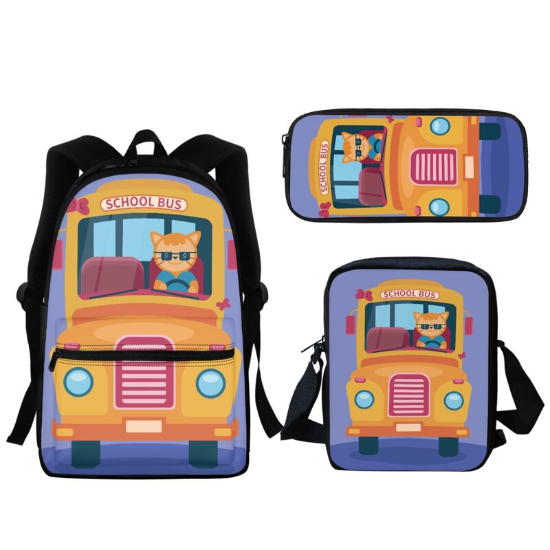 Cartoon School Bus Pattern Zipper Pocket Backpack Travel Casual Small Satchel Female Student Teenager School Bag Study Supplies