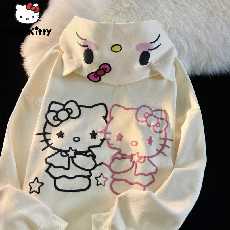 Kawaii Hello Kitty Star Casual Hoodie Women Sanrio Loose Sweet Cute Girls Sweatshirt Anime Pattern Cardigan Coat Y2k New Clothes