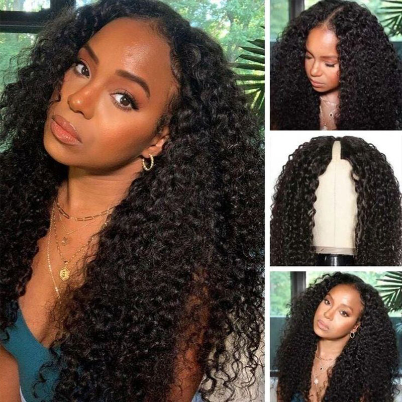 Water Wave V Part Wig Human Hair Natural Black Brazilian Cheap 180%Density Deep Curly V Part Wig Full Machine Made Wig Wholesale