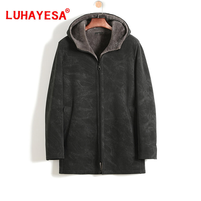 Luhayesa-メンズmerinoシープスキンシャルチリングファーコート、カジュアルフード付きジャケット、本物の毛皮、最高品質、冬、毎日、2023