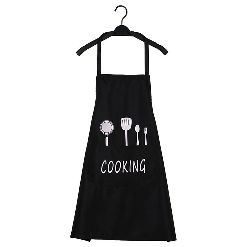 Chef Cartoon Pattern Kitchen Apron Grease-proof Waterproof Breathable Cooking Aprons for Home Restaurant (Double Layer, Black