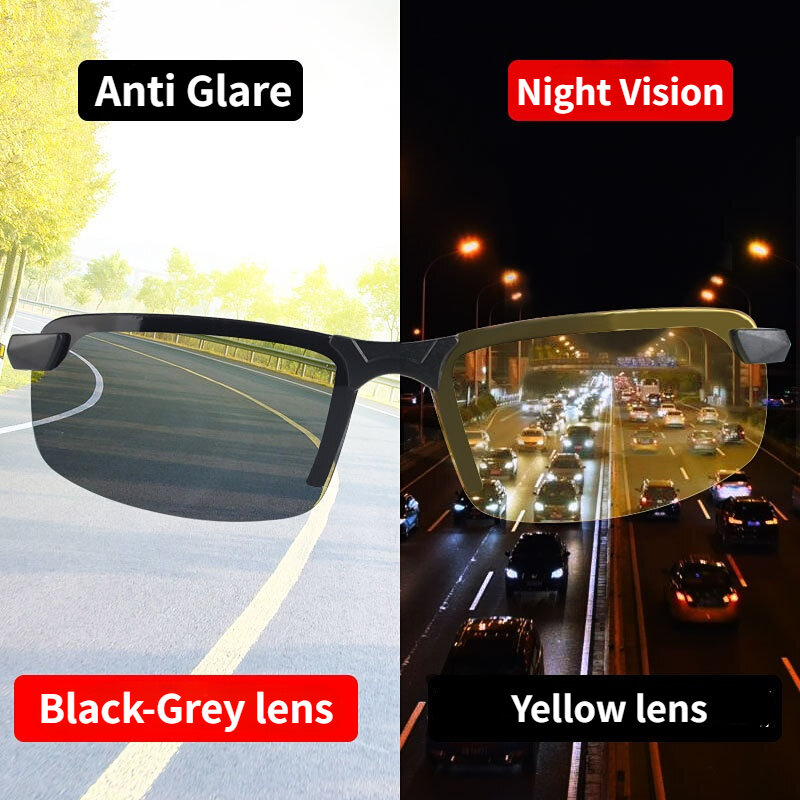 Night Vision Bril Mannen Anti-Glare Rijden Goggle Half Frame Gepolariseerde Zonnebril Voor Driver UV400 2 Stuks Dag En nacht Bril