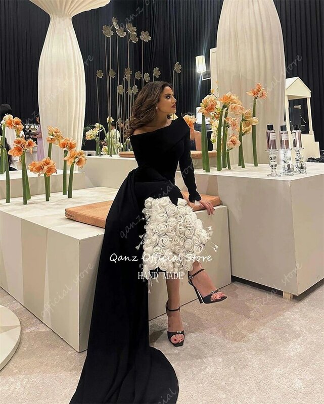Qanz Luxury Saudi Arabia Evening Dresses Full Sleeves Satin Flowers Formal Occasion For Women Long Train Abendkleider Luxus 2024