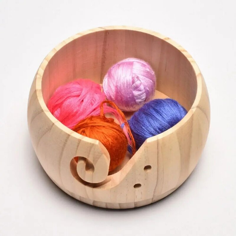 Cesta de almacenamiento de lana con agujeros hechos a mano, organizador de soporte de lana, herramienta de tejido de ganchillo, cuenco de hilo de madera