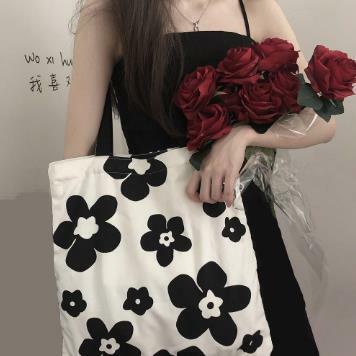Bolsa de ombro versátil lona, flor Hyuna preto e branco, Fashion Shopping Bag