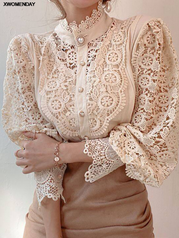 Frauen Chiffon Knopf Rollkragen Shirt Chic Elegante Blumenspitze Flauschige Langarm Top Fashion Hohl Oversize Weiße Bluse 2024