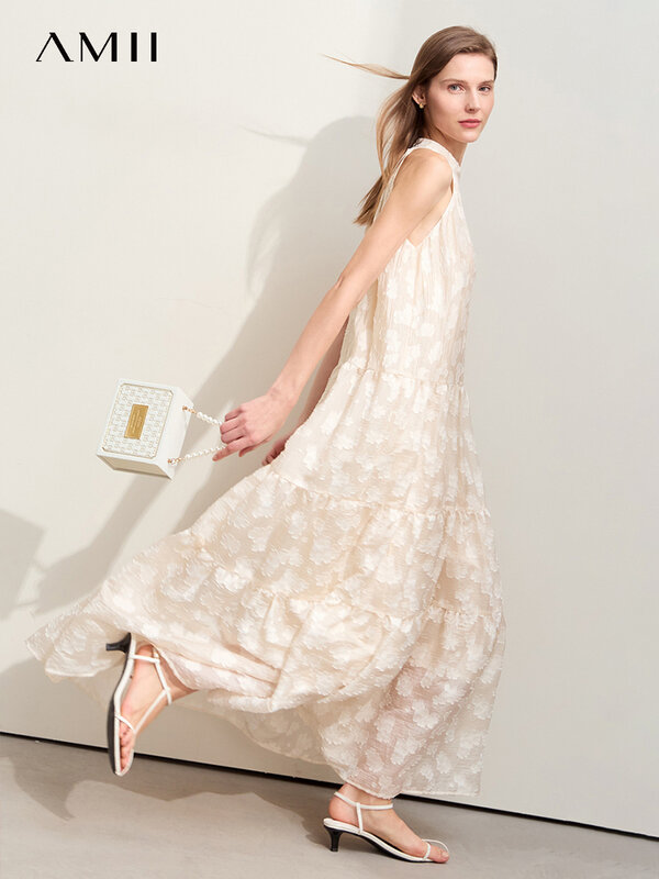 Amii Minimalism 2024 Summer New Loose Long Dress Sleeveless Large A-line Chiffon Jacquard Elegant Dresses for Women 12452064