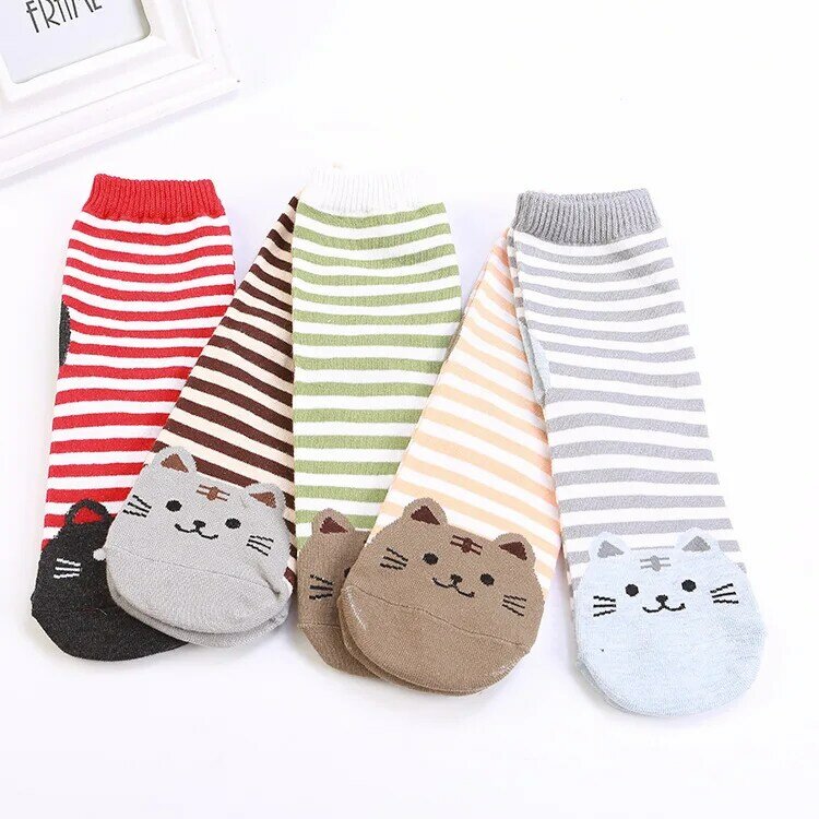 Calcetines de algodón puro de longitud media para mujer, medias femeninas de dibujos animados de gato lindo a rayas para adultos