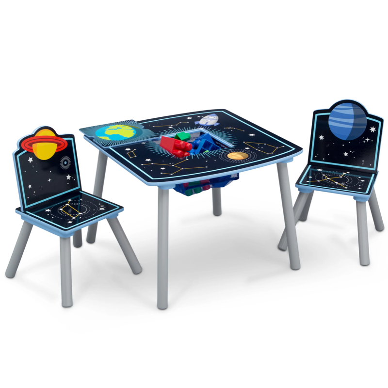 BOUSSAC Space Adventures Set tavolo e sedia in legno per bambini con contenitore, certificato Greenguard Gold