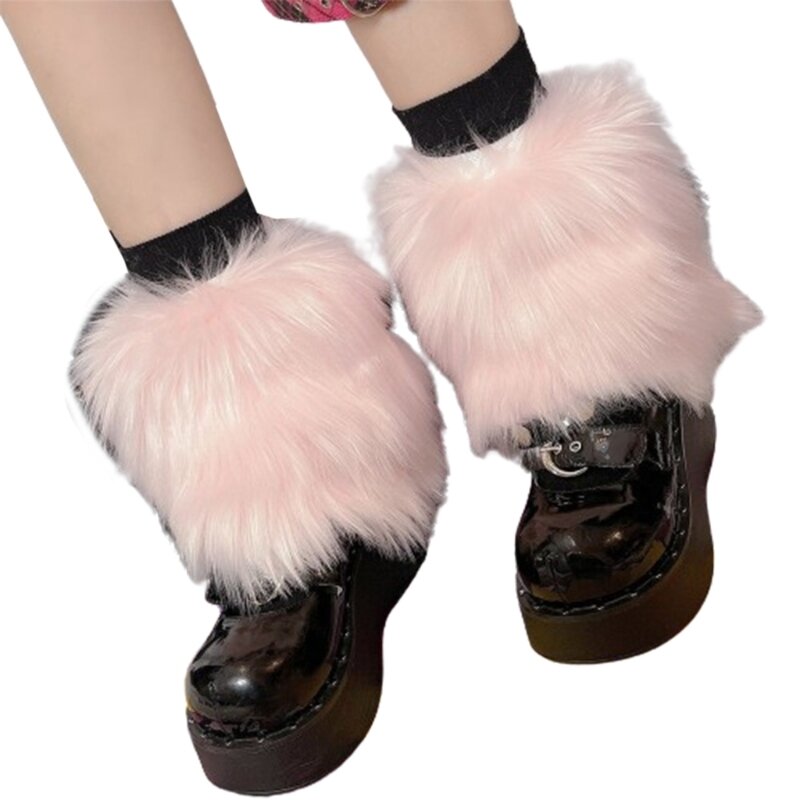 Damski futrzany ocieplacz na nogi JK cukierkowym kolorze zimowy ciepły, puszysty, pluszowy, krótki mankiet na buty Dropship